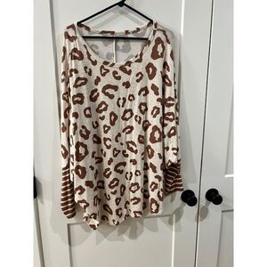 24/7 Leopard Print Long Sleeve Top Casual Loungewear Brown Cream Size 2X
